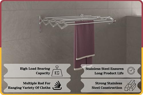 Image of Amiraj Foldable Wall Mounted Clothes Drying Stand |Heavy Duty Rust-Free Stainless Steel Zigzag Cloth Dryer Rack|7 Rod, 2 Feet |Space Saving Laundry Drying Rack for Balcony, Bathroom, Indoor & Outdoor