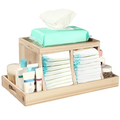 Image of Three colors Diaper Caddy Organizer, Wooden Diaper Organizer, Baby Nursery Organization Diaper Storage Organizer with Removable Dividers (light brown)
