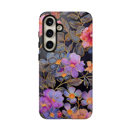 Coque rigide brillante pour Samsung S24 Noir au motif floral vif