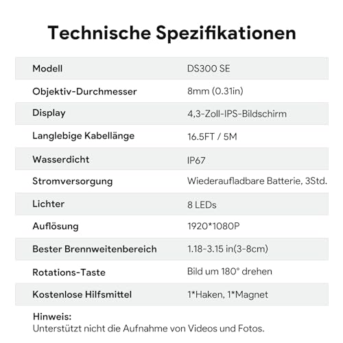DEPSTECH Endoskopkamera mit Licht, Endoskop mit 4,3'-IPS-Bildschirm, 1080P HD Digital...