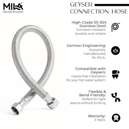 Image of MILA German-Standard Geyser Connection Hose Pipe SS-304 24 inch - Pack of 2 | Stainless Steel Bathroom & Kitchen Accessory | Corrosion Resistant, Flexible & Hot Water Tested | 3-Year Warranty