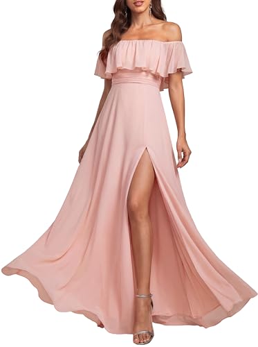 Ever-Pretty Women's Elegant Off The Shoulder Side Split Flowy Chiffon Maxi Bridesmaid Dress Formal Wedding Guest Dresses Pink US8
