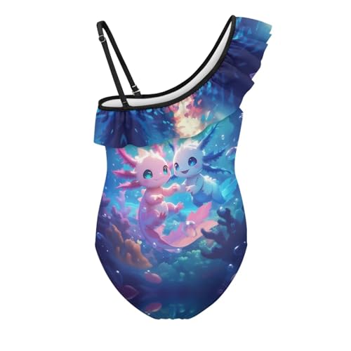 Image of WELLFLYHOM Axolotl Girls One Piece Swimsuits 3-14 Ruffle One Shoulder Bathing Suits Full Coverage Beachwear