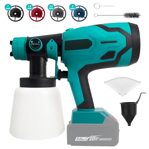Akku Farbsprühsystem kompatibel mit Makita 18V Akku (ohne Akku) Lackierpistole mit 4 Düsen & 3 Sprühmuster Farbspritzpistole mit 1000ml Farbbehälter Sprühpistole für Wandfarbe Zäune Schränke