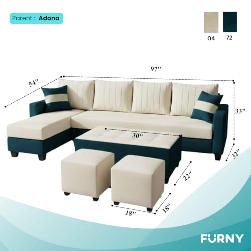 Image of FURNY Avenue 8 Seater Fabric LHS L Shape Sofa Set with 1 Centre Table & 2 Puffy (Cream-Greenish Teal) Premium Velvet Finish