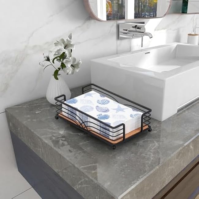 Napkin Holder for Bathroom, Bathroom Napkins Holders for Table Paper Disposable Hand Towel Holder Disposable Guest Towel Holder Tray (Cast Iron+ Cork)