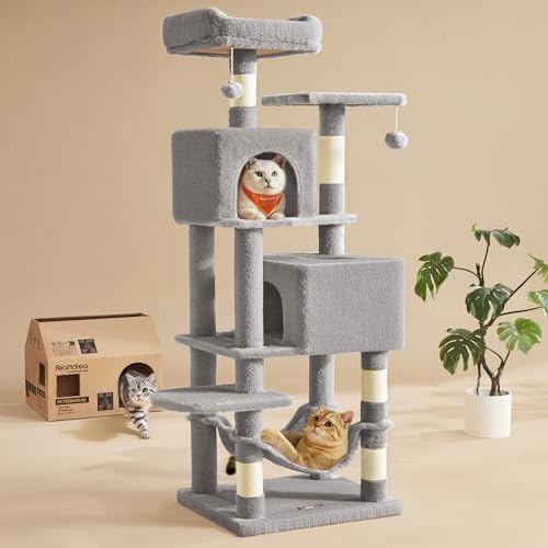 Feandrea Cat Tree, 61-Inch Cat Tower for Indoor Cats, Plush Multi-Level Cat Condo with 5 Scratching Posts, 2 Perches, 2 Caves, Hammock, 2 Pompoms, Light Gray UPCT192W01