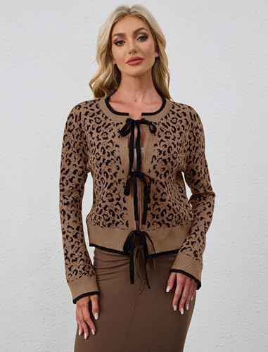 Ythomm Women Leopard Print Bow Tie Cardigan Sweaters Long Sleeve Crewneck Open Front Knit Cardigan Coats Casual Loose Outwear2