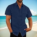 Camisa casual de manga corta con botones para hombre, de lino, para verano, playa, ligera, ajuste relajado, Azul marino, X-Large