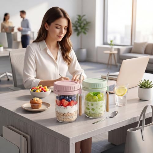 Image of 16oz Glass Overnight Oats Containers with Lids and Spoons, 4 Pack Purple
