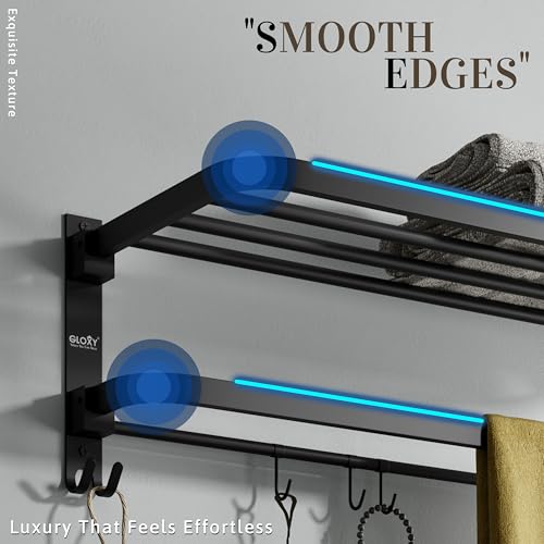 Image of Gloxy Premium Foldable Towel Holder in Bathroom with Towel Rod & Hooks - Stainless Steel Black Matte Finish Bathroom Towel Hanger for Wall Mount Installation - Towel Rack in Bathroom Accessories Set