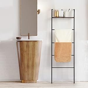 Vrisa Blanket Ladder Wall Leaning Blanket Rack Farmhouse 5 Tier Metal Blanket Holder with Shelf Bath Towel Storage for Bathroom Quilt Bedroom Living Room Pool Black