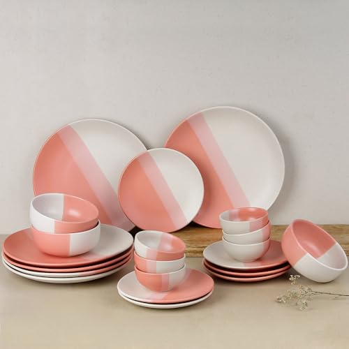 The Earth Store Handcrafted TT Pink Matte Ceramic Dinner Set, 21 Pieces Serving for 6, Microwave and Dishwasher Safe, Bone-Ash Free, Crockery Set for Dining and Gifting