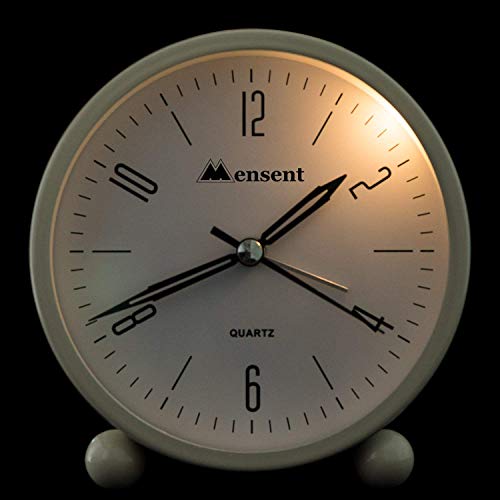 Image of 4 Inch Round Silent Analog Alarm Clock, Non Ticking, with Night Light, Battery Powered, Simple Design for Office or Bedroom (White)