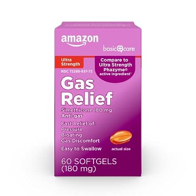 Amazon Basic Care Ultra Strength Gas Relief, Bloating and Discomfort Relief, 180 mg Simethicone Fast Gels, AntiGas Softgels, 60 Count
