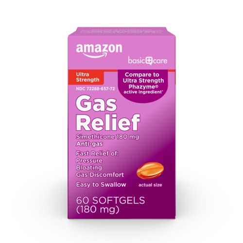 Amazon Basic Care Ultra Strength Gas Relief Bloating and Discomfort Relief 180 mg Simethicone Fast Gels AntiGas Softgels 60 Count