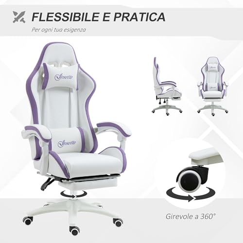 Sedia da Gaming Ergonomica in Pelle PU e Acciaio con Poggiatesta e Altezza Regolabile, Poltrona Gaming con Schienale Reclinabile e Cuscino Lombare, 65x65x121-129 cm, Bianco e Viola - Sedia gaming - Immagine 6