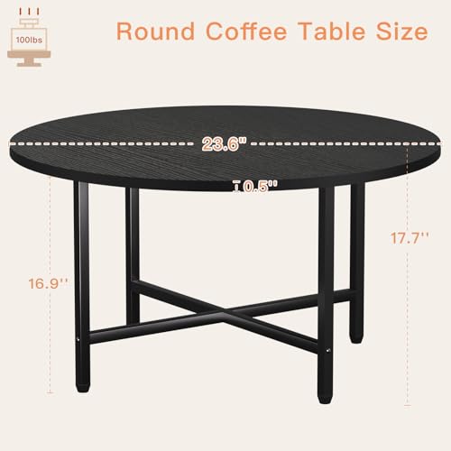 FAMIDGE Coffee Table, 23.6" Coffee Tables for Living Room, Round Coffee Table with Metal Frame, Floor Table for Sitting on The Floor, Home, Office, Black - Image 2