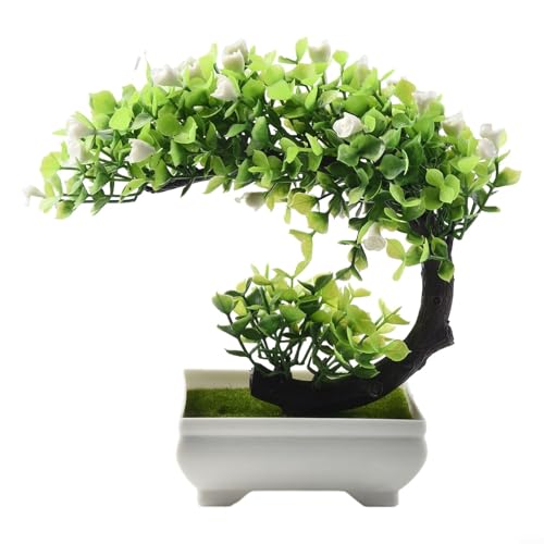 HomeVortex 1 bonsái artificial, plantas artificiales, bonsái, maceta de árbol pequeño, flores falsas en maceta, decoración adecuada para restaurantes, patios, tiendas (blanco)