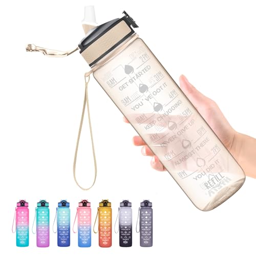 Hyeta Clear Water Bottle with Straw & Time Marker, Plastic 32oz Leakproof