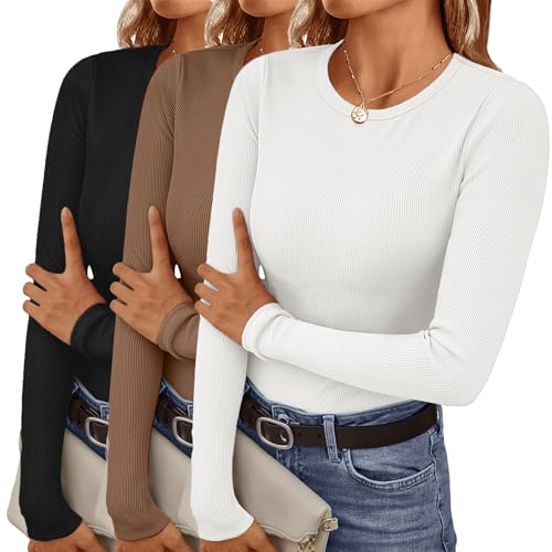 Ekouaer Women's Long Sleeve Shirts 3 Packs Crew Neck Stretchy Fit...