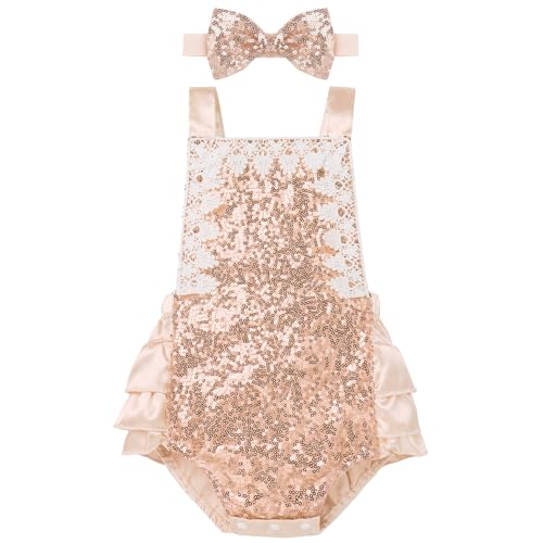 Image of IBTOM CASTLE Infant Baby Girls Sequins Romper Dress Sleeveless Backless Lace Bodysuit Summer Birthday Outfits with Headband