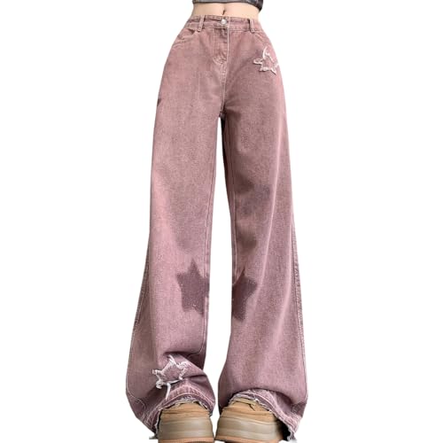 Y2K Casual High Waisted Straight Leg Jeans Womens Fashion Vintage Star Printed Fringe Baggy Denim Pants