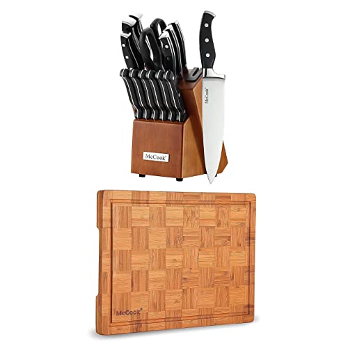 McCook MC23A German Stainless Steel Knife Block Sets with Built-in Sharpener + MCW12 Bamboo Cutting Board (Small, 14â€x10â€x0.8â€)