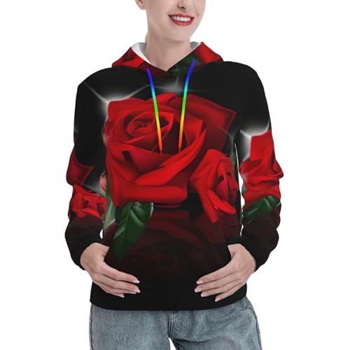 Sweat à capuche femme imprimé roses rouges avec poche kangourou