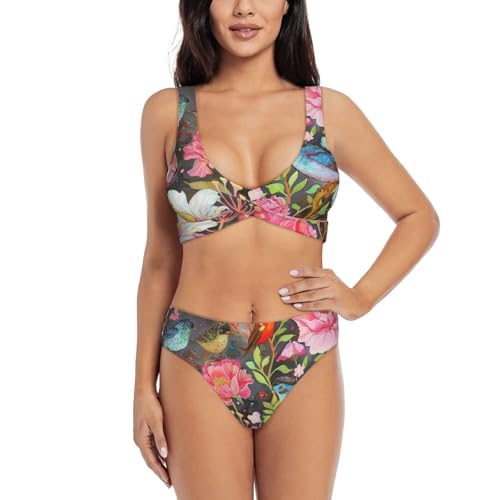 Maillot de bain 2 pièces imprimé oiseaux et fleurs bikini de plage pour femme