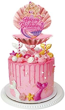 bar-bie mermaid doll party cake topper, shell party decoration , pearl mermaid topper, mermaid topper supplies, pink mermaid decoration