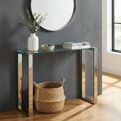 Cortesi Home Forli Small Entry Way Console Table Contemporary Glass and Stainless Steel Finish 28 in Wide Accent, Silver and Clear