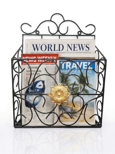Image of Woodiva Wrought Iron Modern Elegance Magazine Newspaper & Book Wall Rack for Home & Office, 38x28x11cm. (Black)