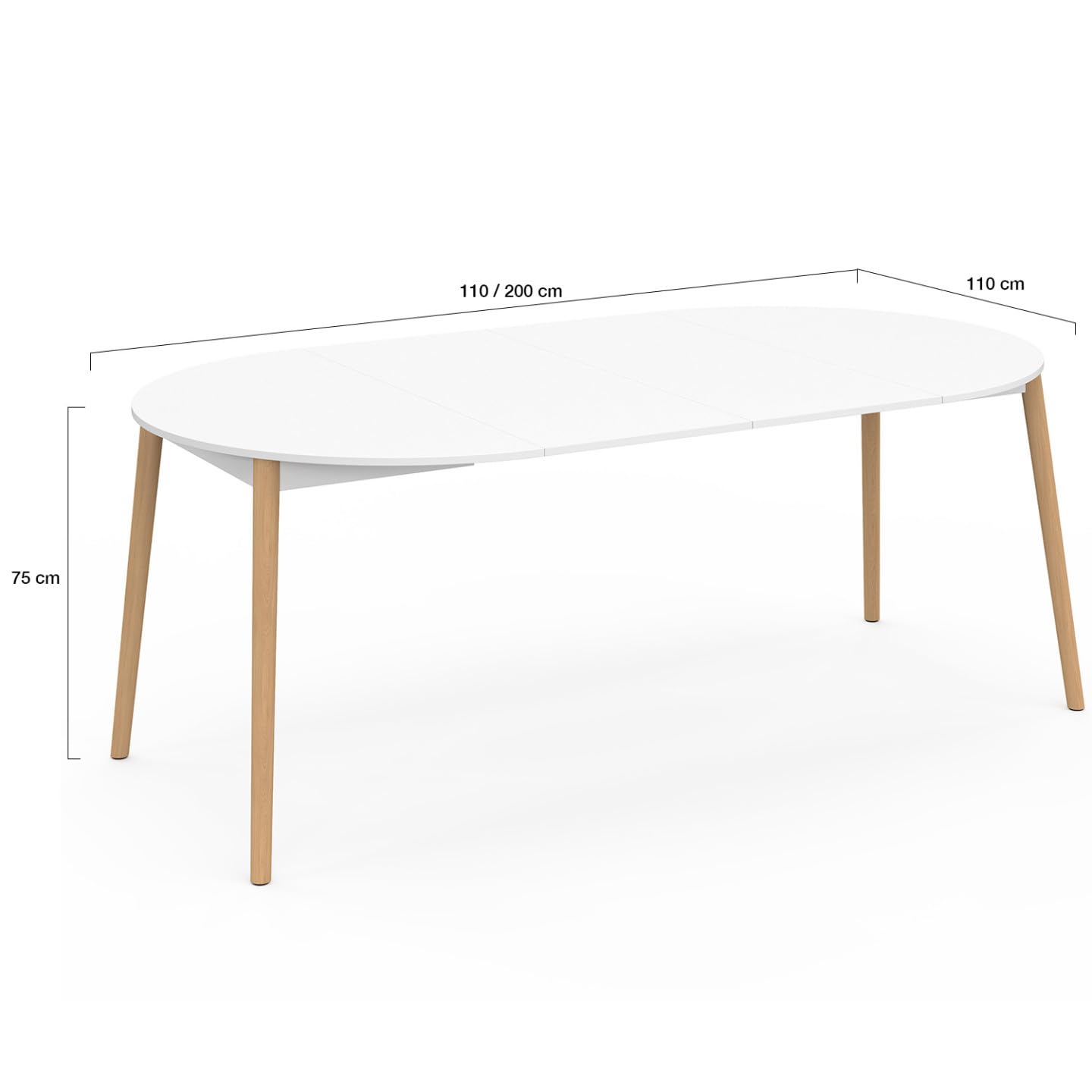 IDMarket Angela – Mesa de comedor extensible redonda para 4 – 10 personas, color blanco y pie madera 110 – 200 cm