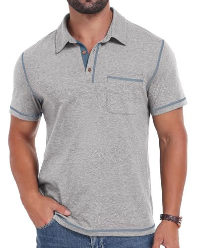 Sailwind Men's Short Sleeve Polo Shirts Casual Summer Classic Collared Golf Shirt with Pocket Light Gray