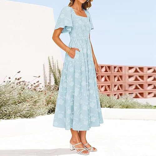 HGps8w Women's Puff Sleeve Maxi Dress - Boho Floral Print Summer Square Neck Tiered Ruffle A Line Long Flowy Beach Dresses4