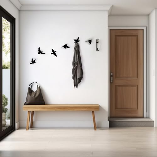 Image of Bird Wall Art Hooks - Set of 6 Metal Decorative Bird Hooks for Wall, Key Holder & Clothes Hanger - Laser Cut, Powder Coated, Heavy Duty, Rustic Home Decor for Living Room & Entryway