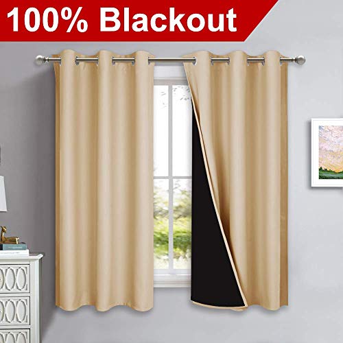 Image of NICETOWN Bedroom Full Blackout Curtain Panels, Super Thick Insulated Grommet Drapes, Double-Layer Blackout Draperies with Black Liner for Small Window (Set of 2 PCs, 42 by 63 inches, Biscotti Beige)