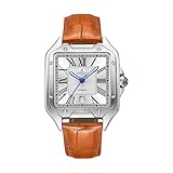ASOROCK WATCHES Silver/White - Brown Strap Diplomat | 42 mm Automatic Homage Mens Watch | Vintage Square Tank Silhouette Watch