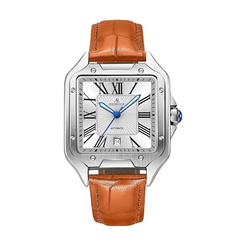 ASOROCK WATCHES Silver/White - Brown Strap Diplomat | 42 mm Automatic Homage Mens Watch | Vintage Square Tank Silhouette Watch