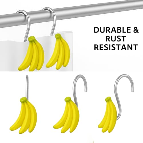 Image of Banana Shower Hooks 12 Pack - Playful Monkey Bathroom Decor, Non-Slip Curtain Rings for Tropical Kids Room Theme, Durable Resin Bath Accessories