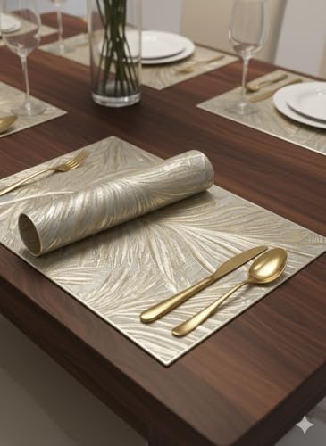 Image of Dining Table Mat and Runner Set for Home Kitchen Reusable Placemat Combo Set for Everyday Dining Use and Table Setup (Fern mat + Modern ractangle Table Runner, Pack of 7 (6+1))