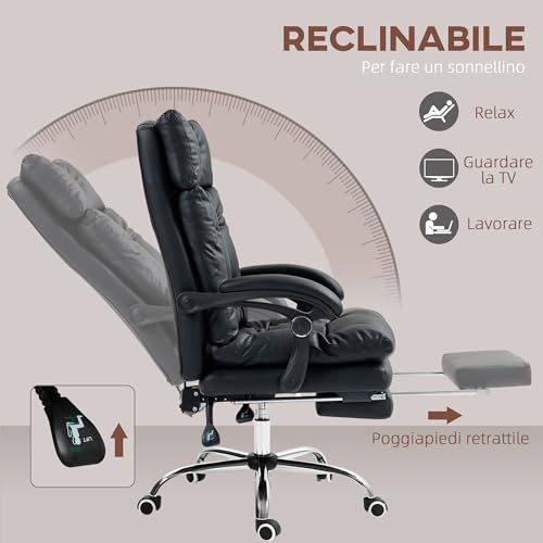 Sedia da Ufficio Ergonomica Presidenziale in Finta Pelle, Poltrona da Ufficio Girevole con Altezza Regolabile, Reclinabile 135° e Poggiapiedi Estraibile per Studio e Scrivania, Nero - Sedia gaming - Immagine 3