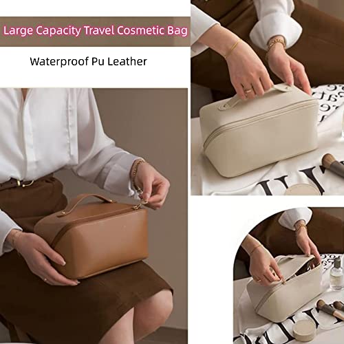 Kmug Large Capacity Travel Cosmetic Bag For Women, Multifunctional Storage Makeup Bag, Waterproof Pu Leather Compartment Cosmetic Cases With Handle And Divider Portable Makeup Pouch (Pink) #TOP2