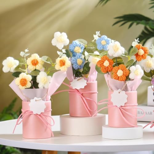 Image of Artificial Crochet Flower Bouquet Handmade Cotton Flowers Bunch for Home Decor, Gift for Girls, Wedding, Festival Decoration, Long Lasting Floral Arrangement (Flower Pot (Yellow))