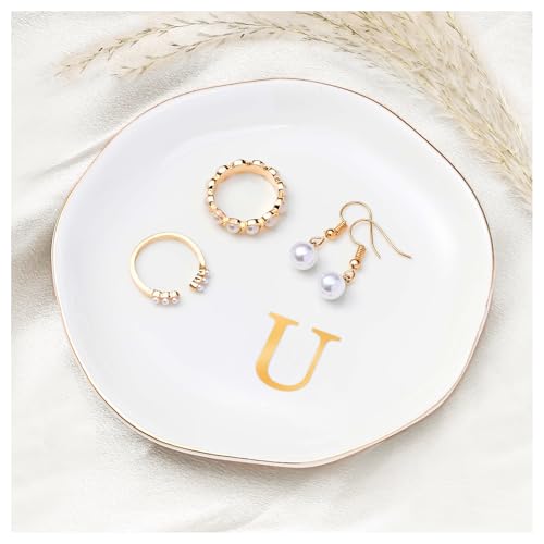 ProCase Ceramic Jewelry Tray, Initial Ring Dish Trinket Plate Engagement Gift, Small Personalized Monogram Ring Bowl for Wedding, White Decorative Jewelry Holder for Women Vanity -Letter U