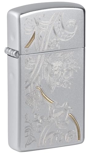 Zippo Lighter: Slim, Engraved Floral Pattern - Satin Chrome 81444