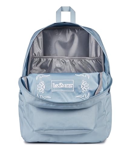 Image of JanSport Superbreak Plus FX Backpack - Work, Travel, or Laptop Bag with Water Bottle Pocket, Superbreak Plus Fx, Bandana Jam Emb Blue Dusk /White /White