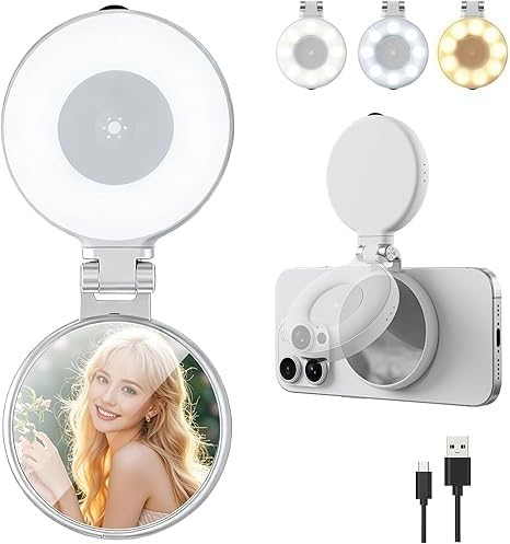 Flygon LED Selfie Light with Built-in Mirror, 3 Color Temperature LED Lights, a Foldable Stand, and a Magnetic Phone Fill Light for Live Streaming, Makeup, and Travel, Powered by USB-image-11