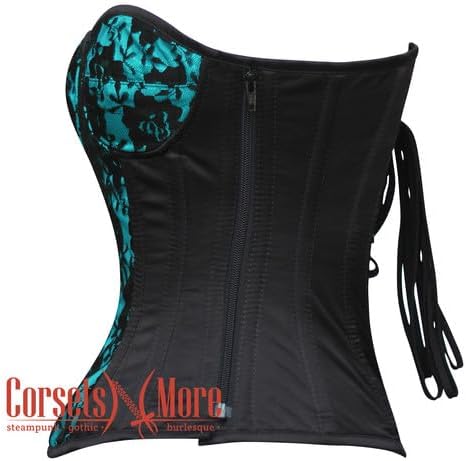 Black and Turquoise Satin Corset Tops for Women Overbust Gothic Net Overlay Steel Boned Waist Cincher Costume